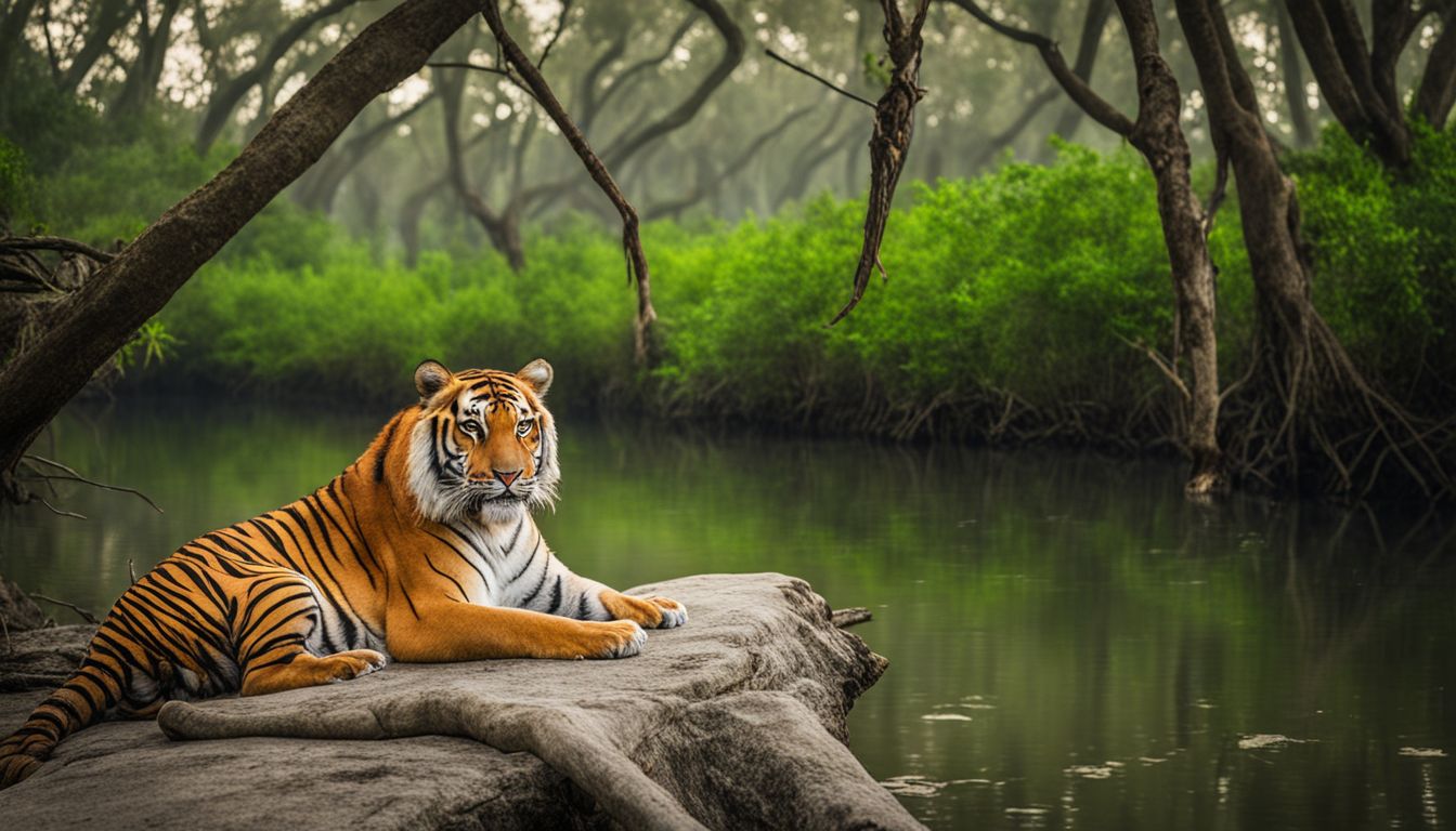 A photograph of a peaceful Sundarbans Mangrove Forest with a Royal Bengal Tiger in the background.
