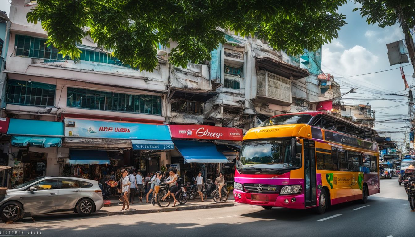 The photo depicts the Malee Travel office in Pattaya and a lively cityscape with a colorful bus and diverse people.