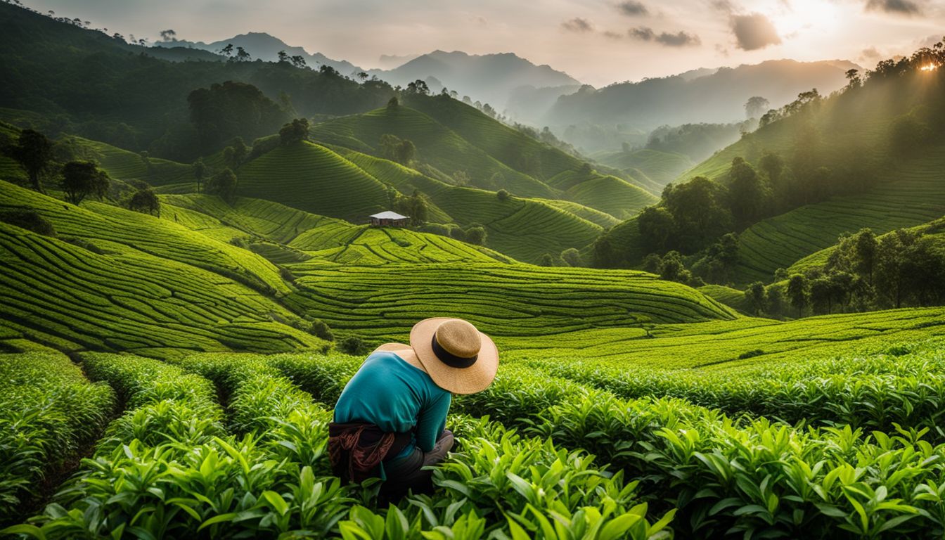 A vibrant photo of a green tea plantation with diverse people and various styles, taken with high-quality equipment.