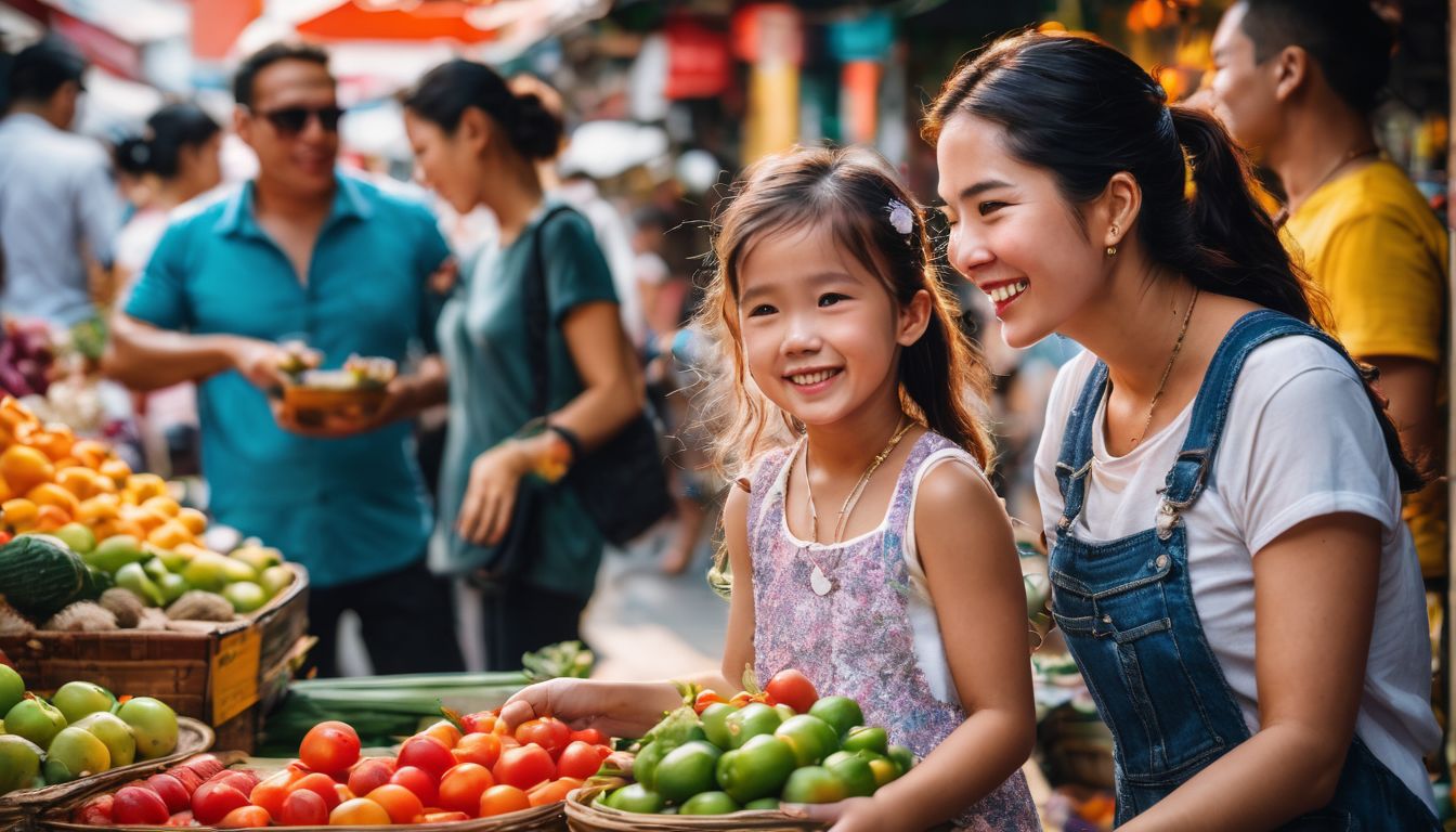 A joyful family explores a vibrant market in Bangkok, captured in high-quality detail.