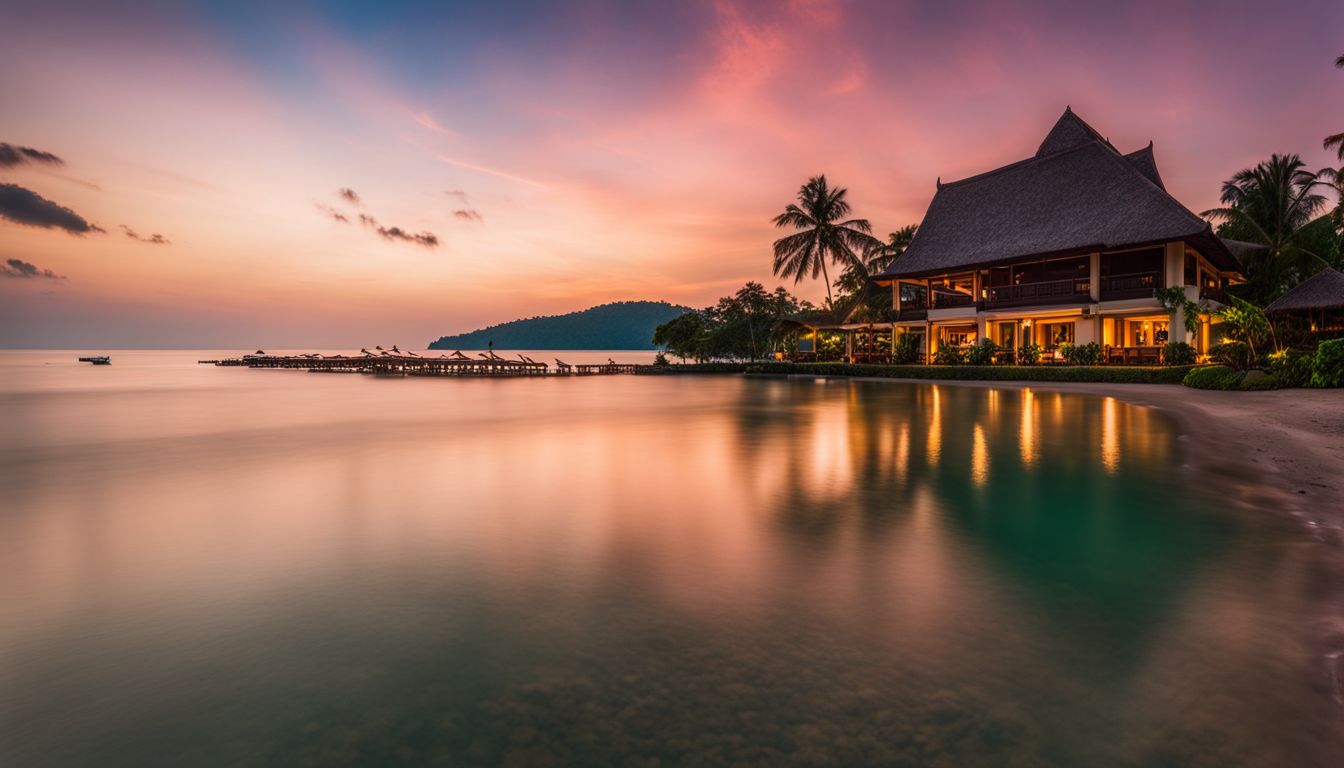 A photo of Melati Beach Resort and Spa at sunset, highlighting the stunning sea views and tranquil beach environment.