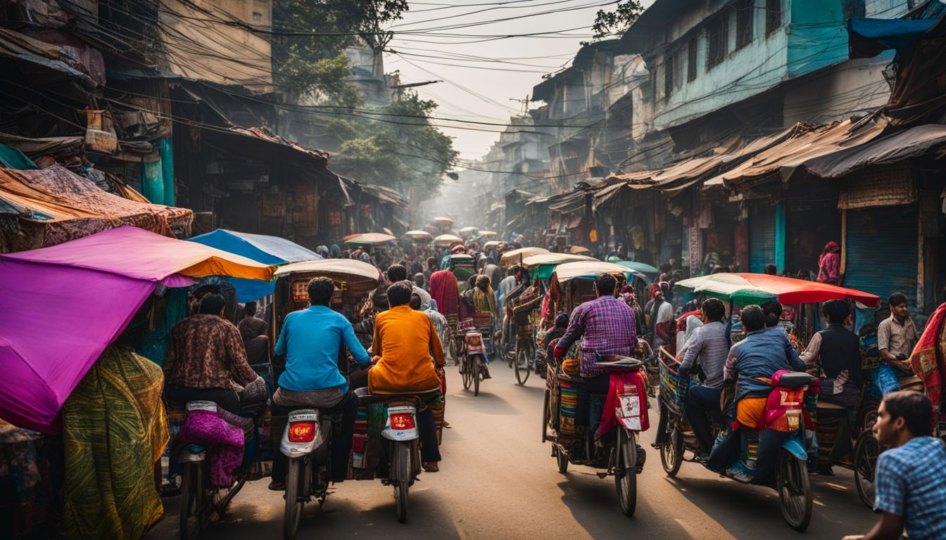 A vibrant street scene in Dhaka, featuring colorful rickshaws, busy markets, and diverse individuals.