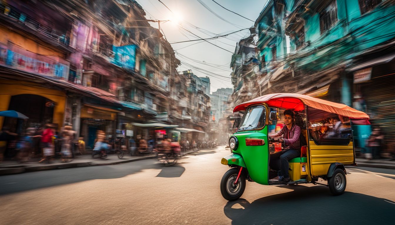 A vibrant motorized tuk-tuk transports people through a bustling and colorful cityscape.