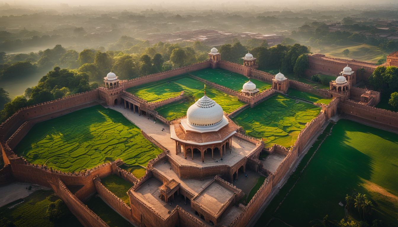 Aerial photo of a grand Mughal fortress surrounded by gardens and a bustling market.