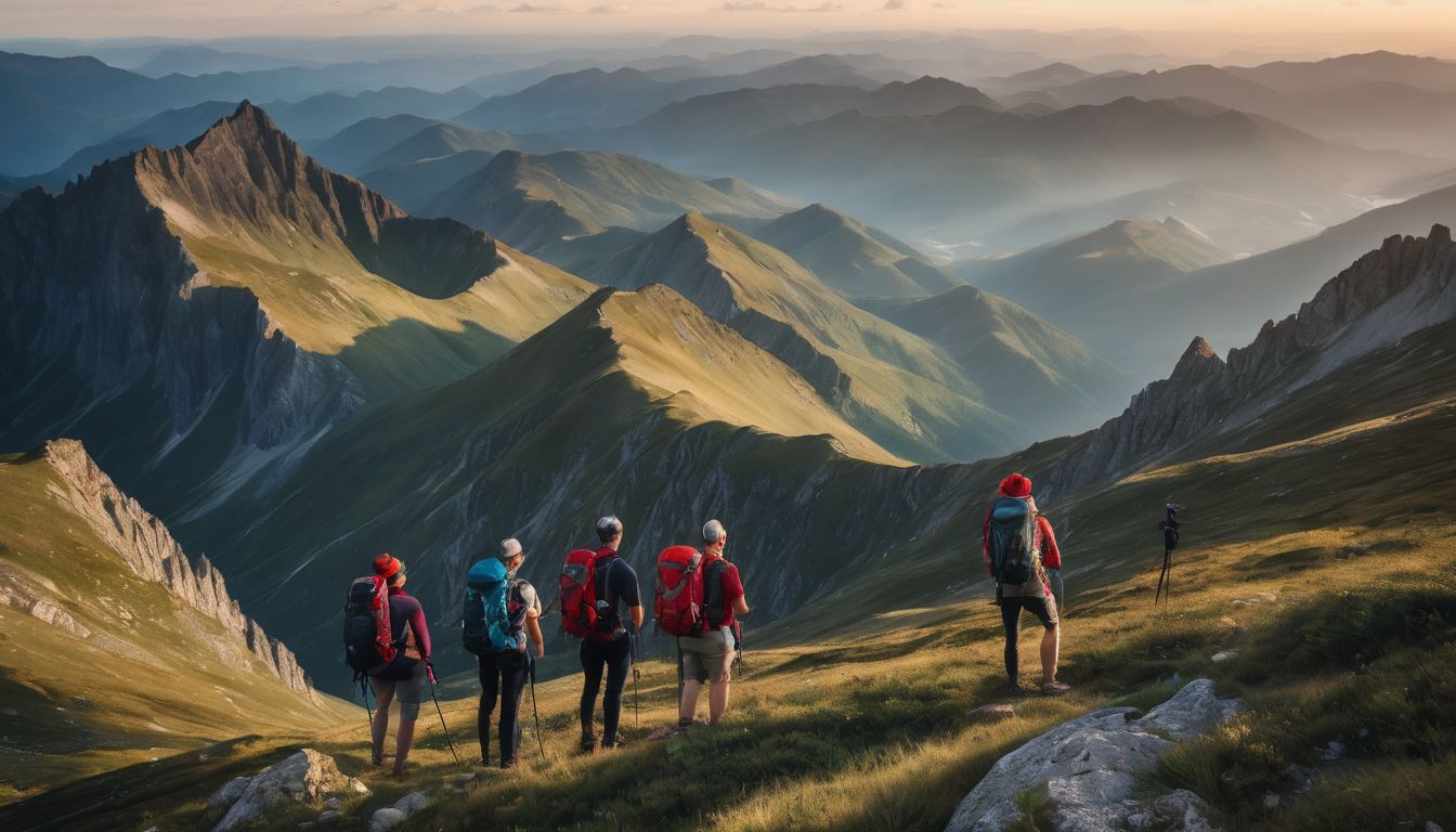 A diverse group of hikers enjoying the stunning landscape on a mountaintop.