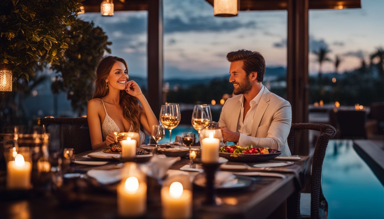 A couple enjoying a romantic candlelit dinner by the pool at a luxurious boutique hotel.