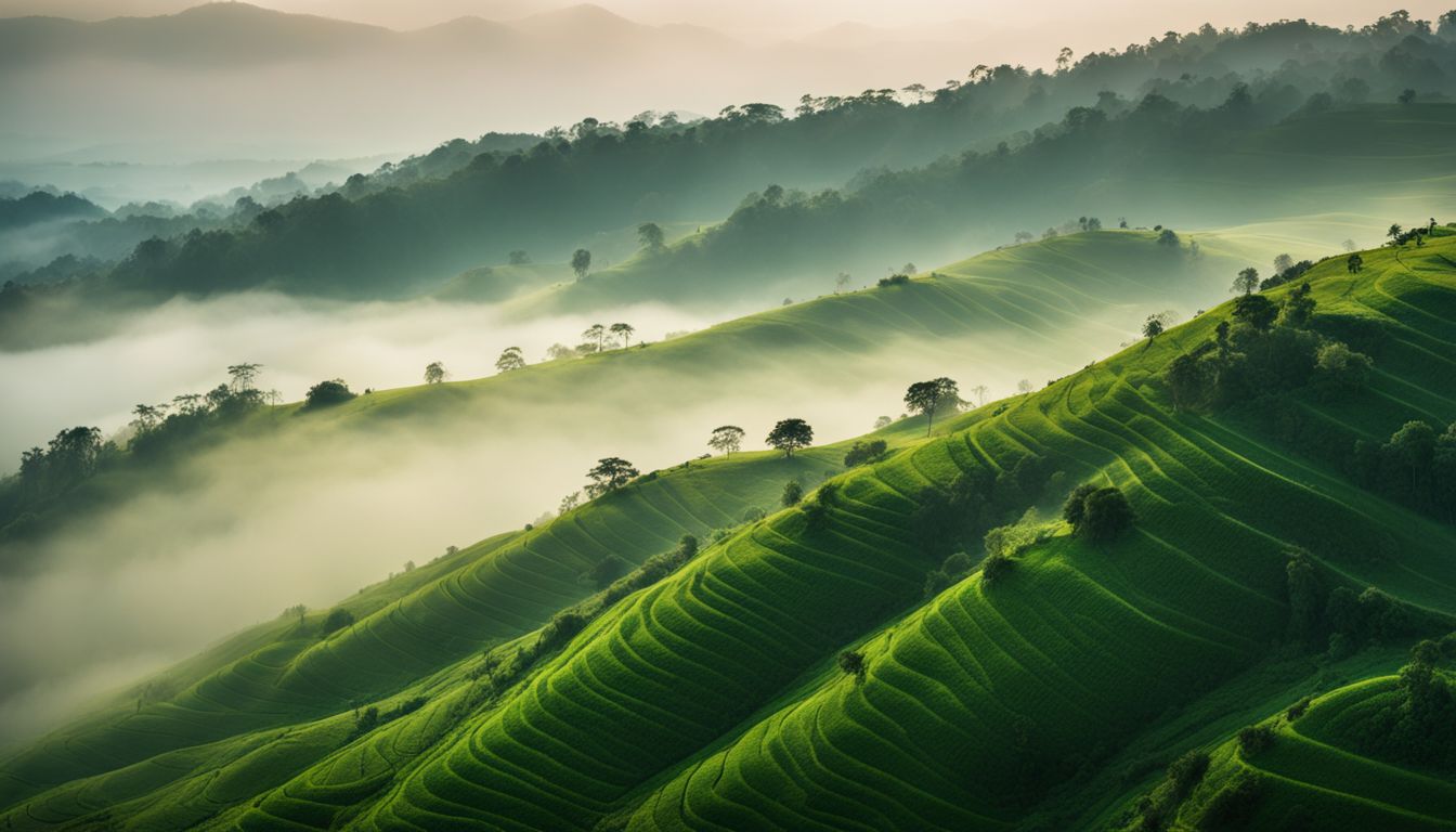 A stunning photo of the fog-covered green hills of Bandarban with a variety of people and outfits.