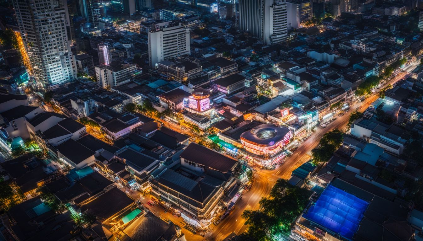 An aerial view of the bustling nightlife in Nana, Bangkok, capturing the vibrant atmosphere and diverse crowd.