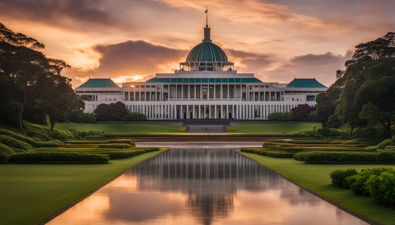 A photo of the National Parliament House surrounded by green gardens at sunrise, with a bustling atmosphere and diverse individuals.