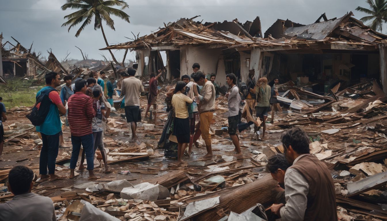 A group of people gather amidst the destruction left by a cyclone in a bustling atmosphere.