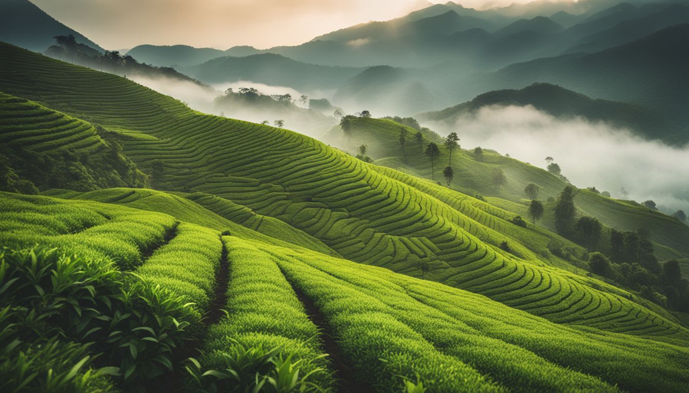 A vibrant green tea plantation set amidst misty hills, capturing the beauty of nature and diverse individuals.
