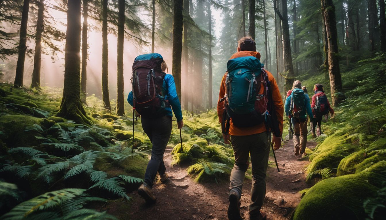 A diverse group of hikers are trekking through a dense forest, captured in a high-quality, realistic photo.