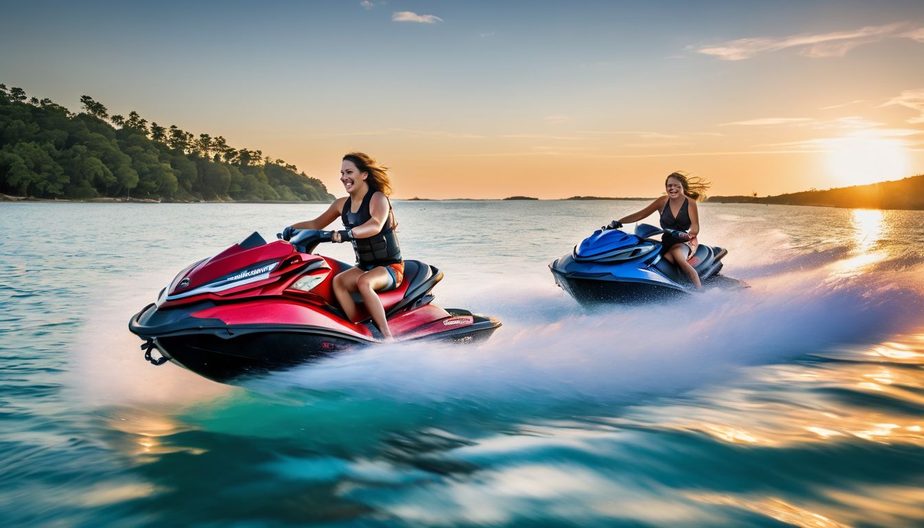 A group of friends enjoy a thrilling day riding jet skis on clear blue waters.