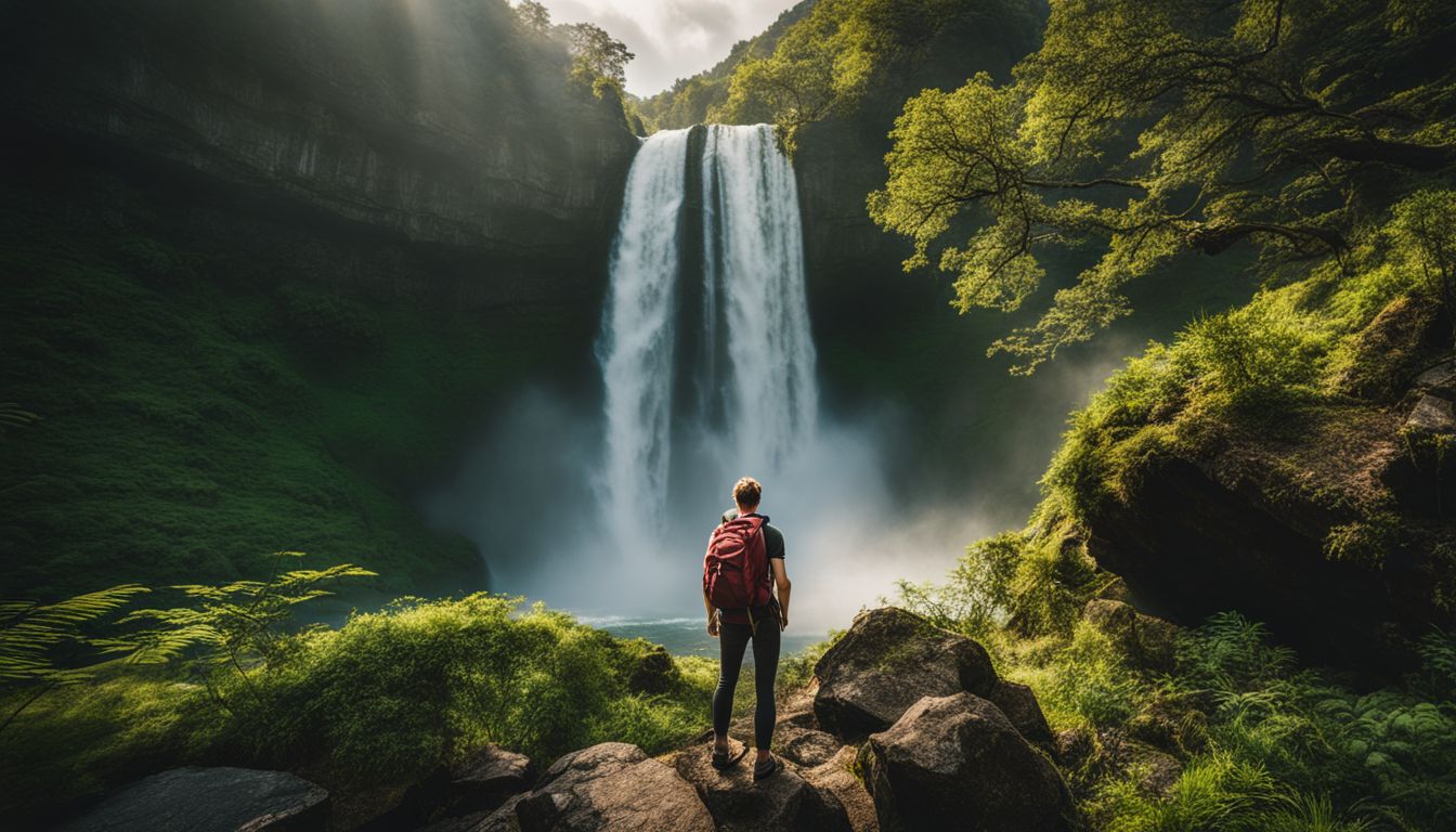 A hiker gazes at a stunning waterfall in a lush green environment, capturing the beauty of nature.