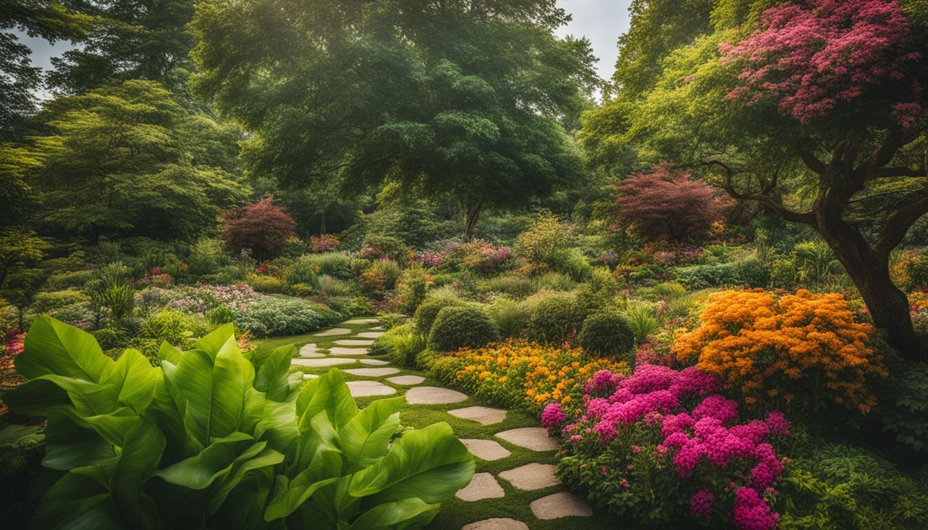 The photo depicts a vibrant garden filled with a diverse array of flowers and people.