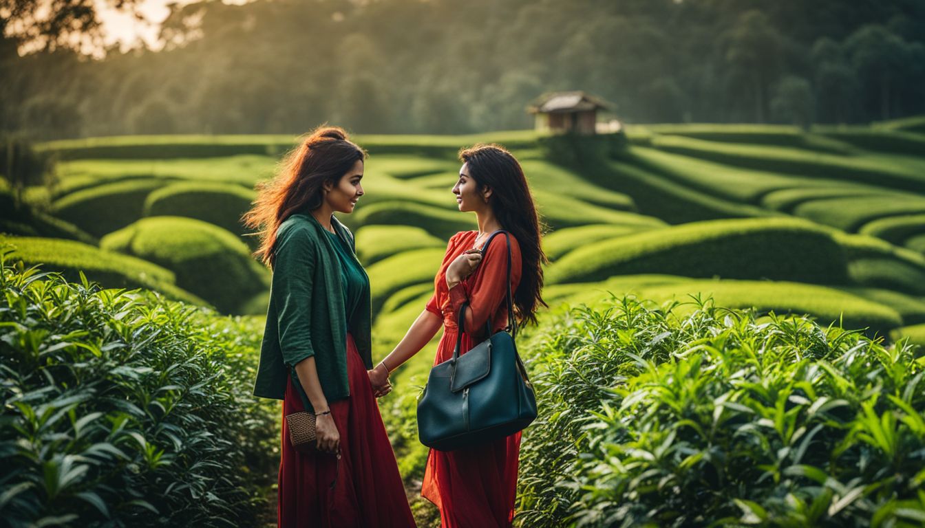 A young couple exploring tea gardens in Sylhet, capturing the bustling atmosphere of the landscape.