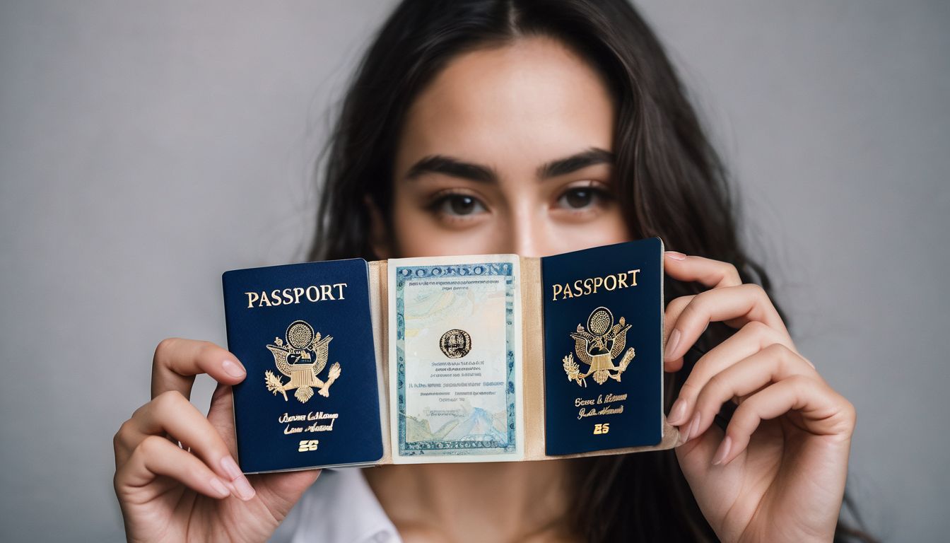A close-up photo of a person holding a US passport with various stamps and visas.