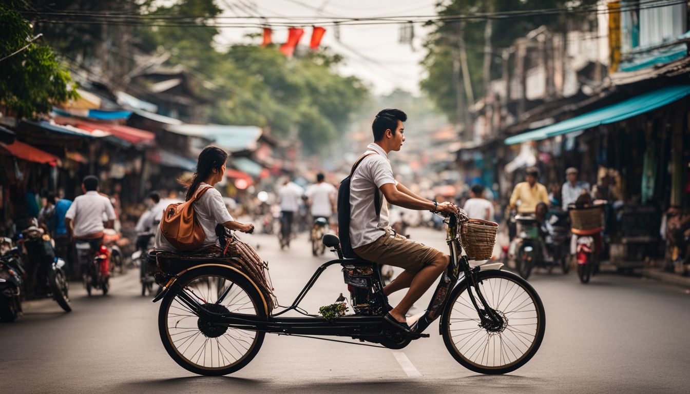 A photo of a non-motorized samlor rider pedaling through the busy streets of Chiang Mai.