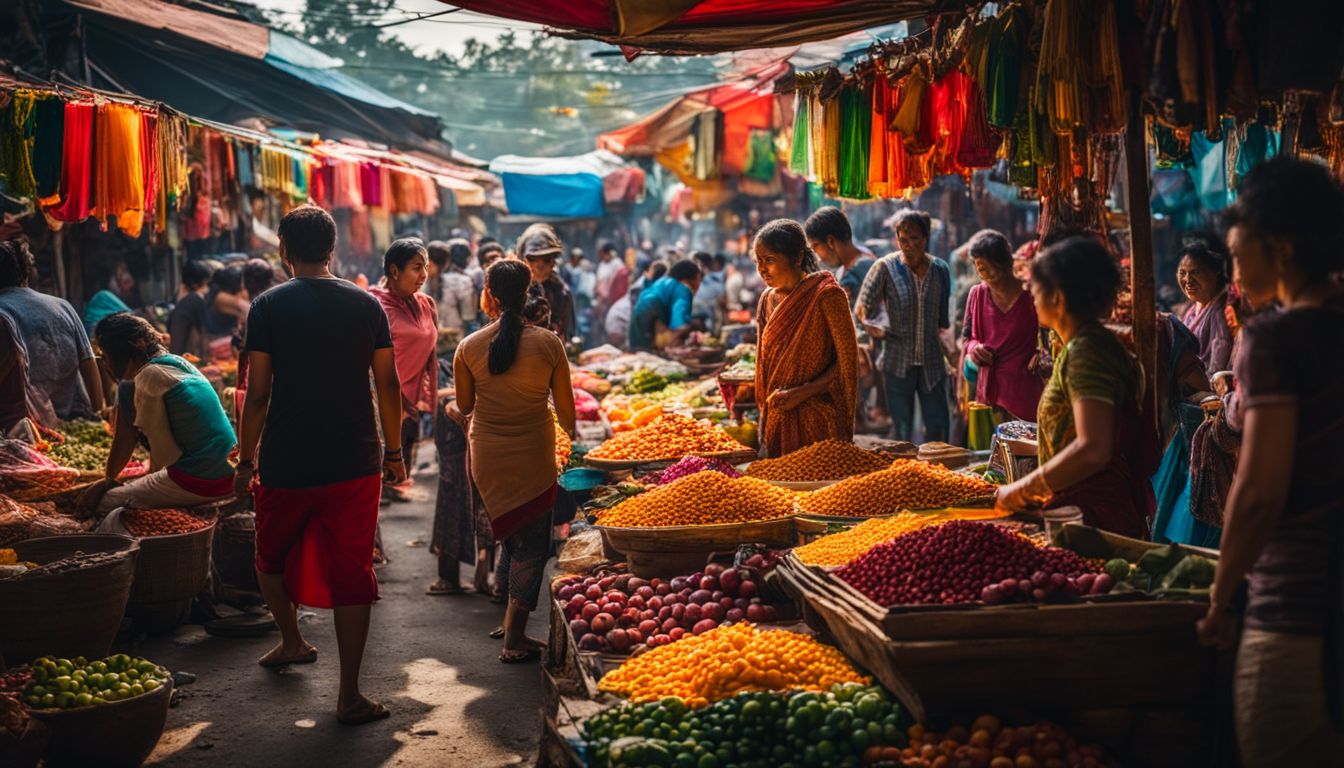 A bustling street market on Sandwip Island with vibrant wares and diverse faces.