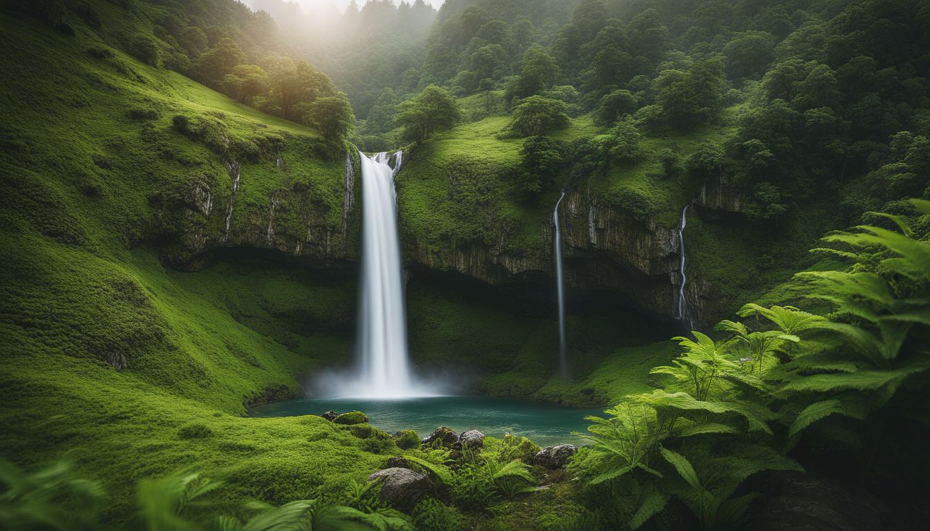 A stunning photograph of a waterfall surrounded by a vibrant green mountain landscape with diverse people and outfits.
