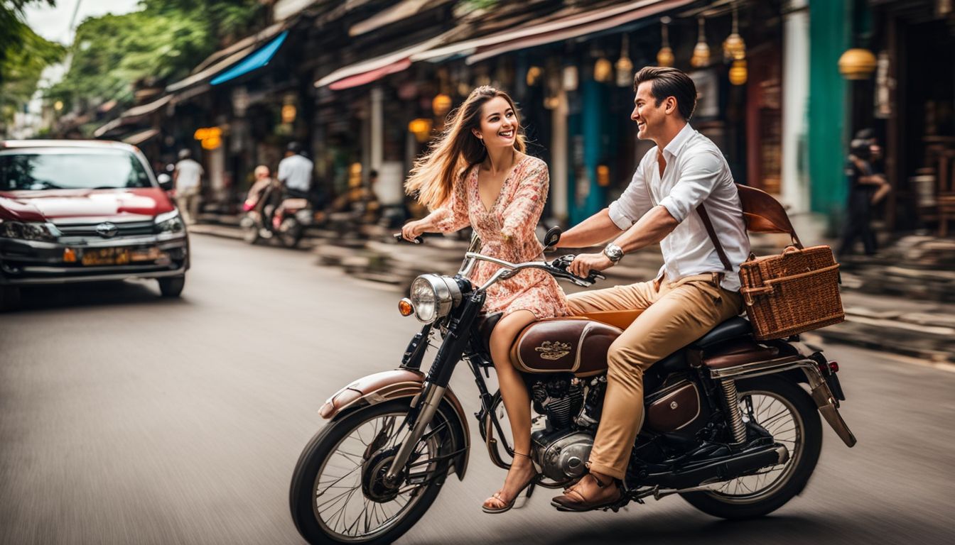 A photo capturing the cultural and historical atmosphere of Bangkok's old town with two people riding vintage bikes.