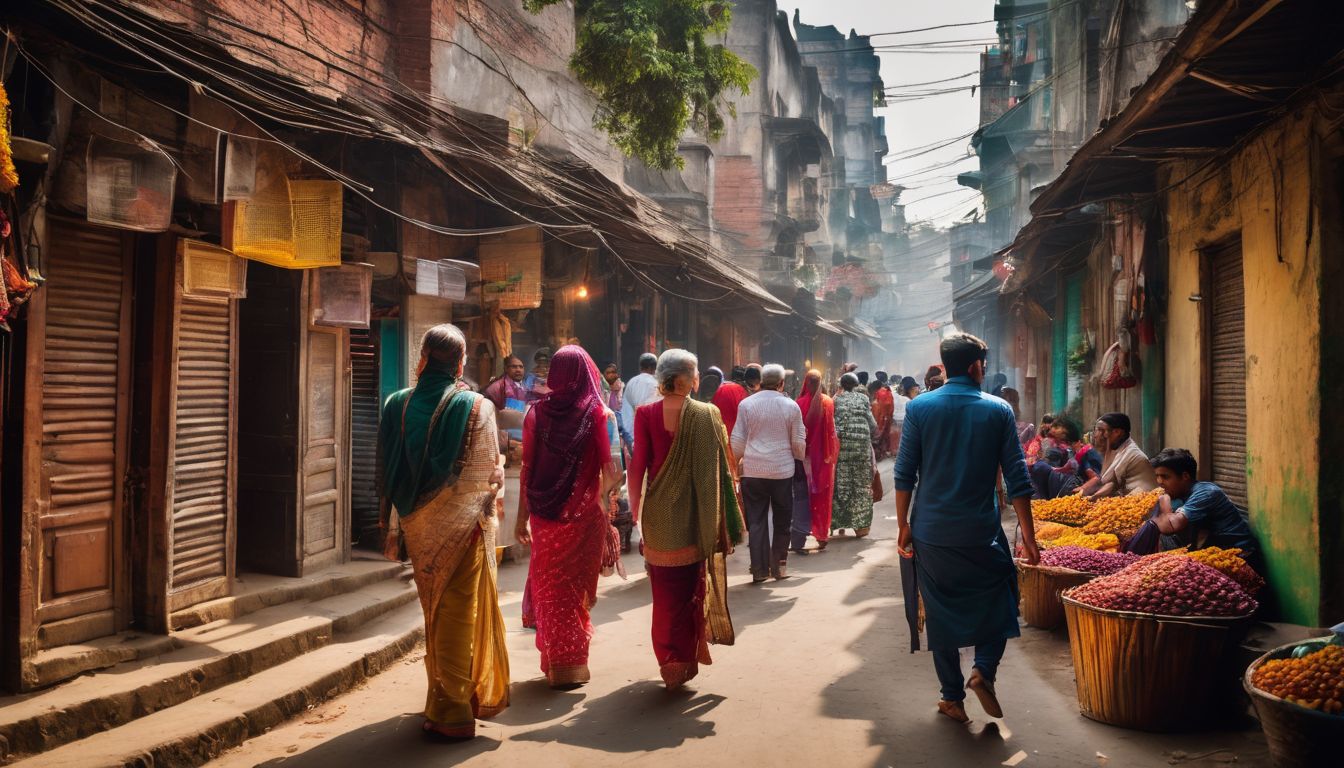 A diverse group of people navigate the bustling streets of Old Dhaka, surrounded by historic buildings and vibrant markets.