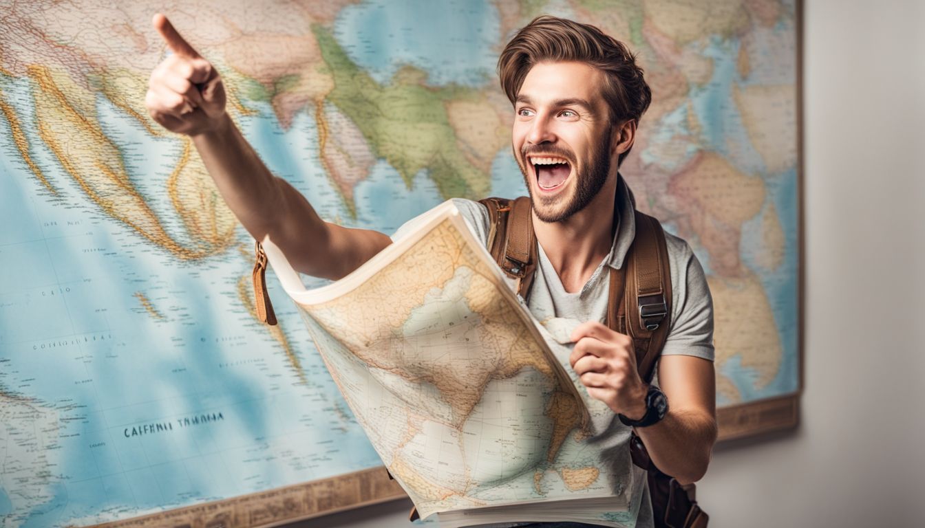 An excited traveler holding a world map and pointing to California and Thailand in a bustling atmosphere.