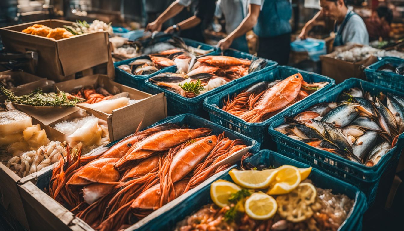 A photo of a fresh seafood delivery box surrounded by a vibrant fish market with diverse faces and bustling atmosphere.