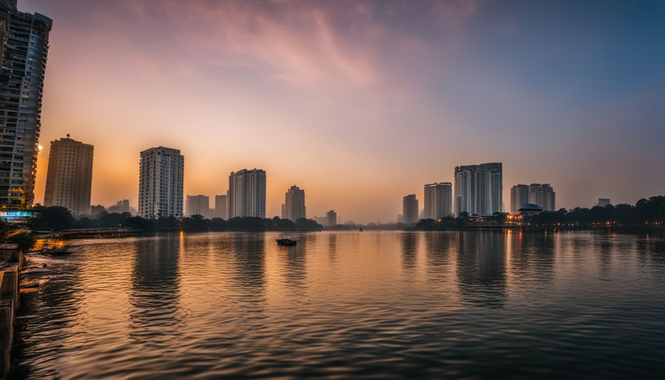 The photo showcases the modern cityscape surrounding the iconic Dhanmondi Lake with a bustling atmosphere.