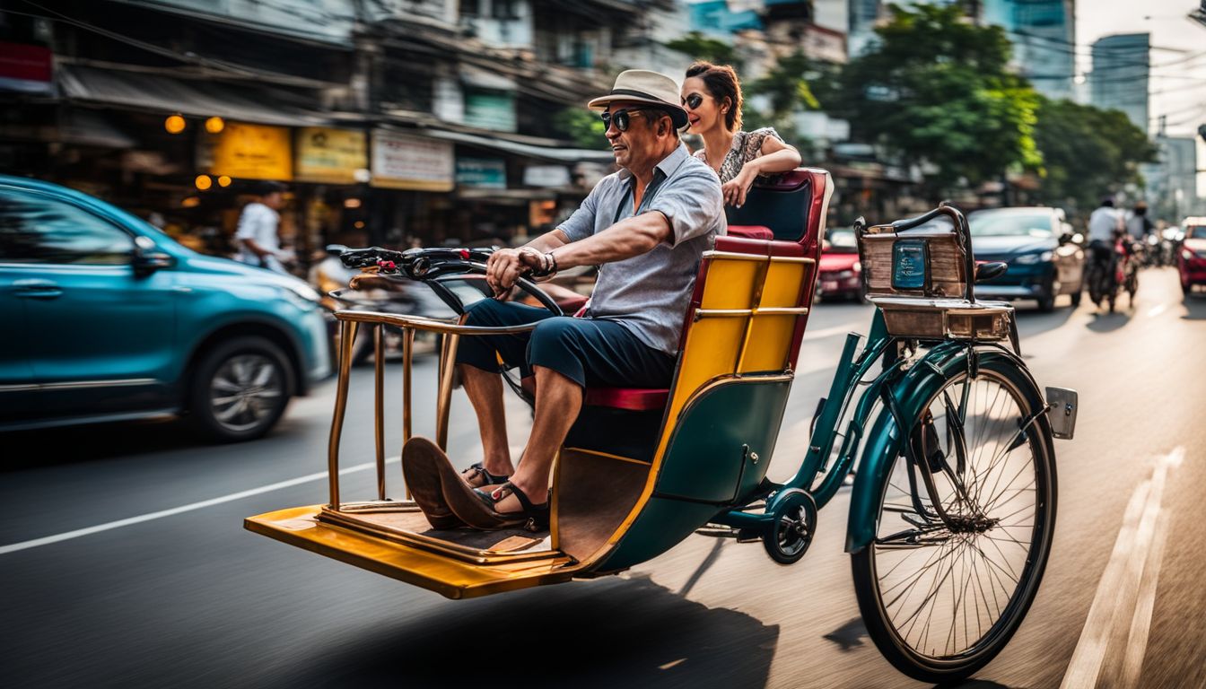 A vintage trishaw driver navigates the bustling streets of Bangkok in a well-lit and lively cityscape.