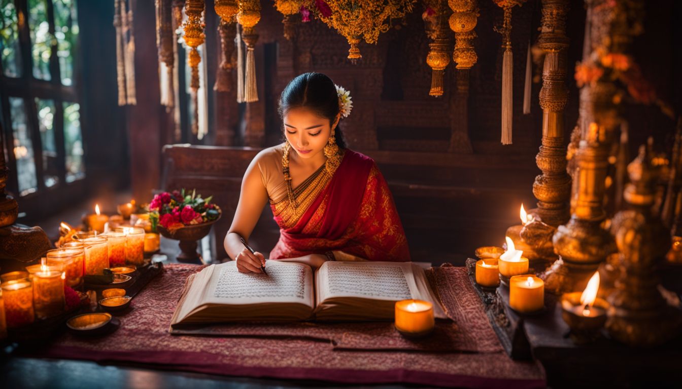 A photo of an ancient Sanskrit manuscript being translated into Thai, surrounded by candles and floral offerings.