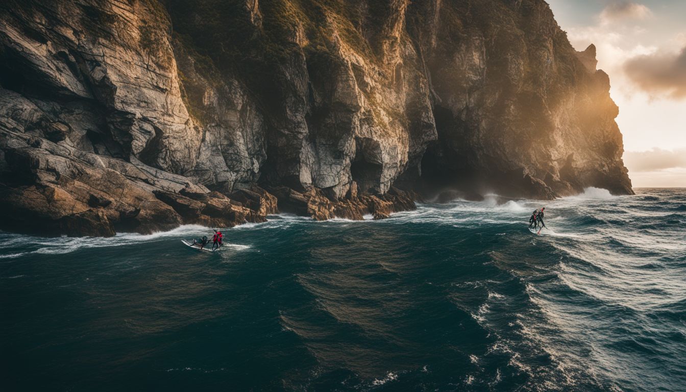 Rock climbers scale cliffs with a beautiful ocean backdrop in a bustling, adventurous atmosphere.