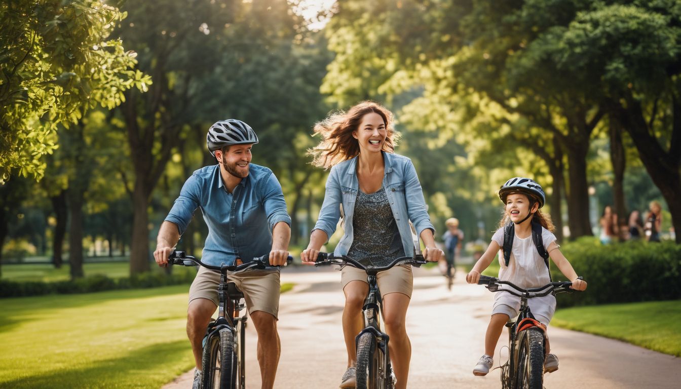 A happy family enjoying a bike ride in a beautiful park.