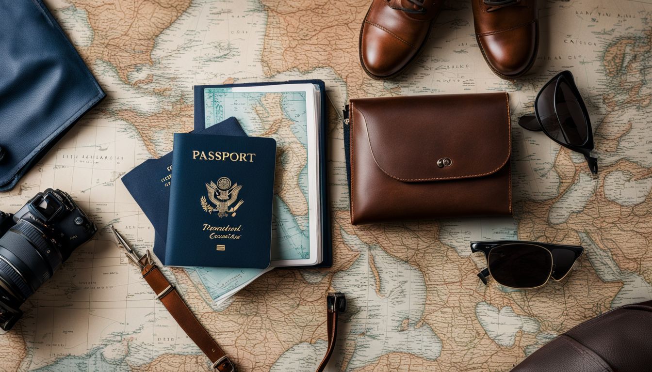 A passport surrounded by travel essentials and photography equipment, capturing the essence of adventure and exploration.