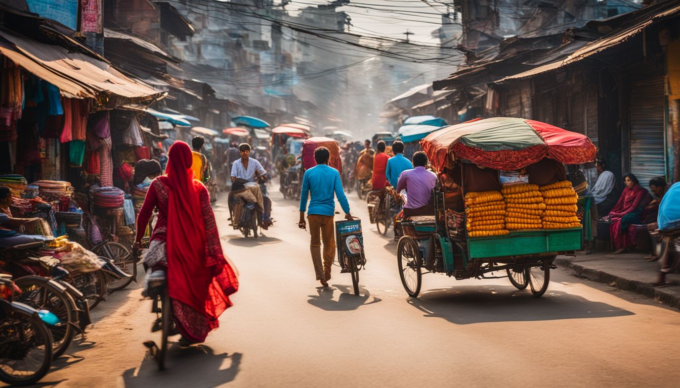 A busy street in Rangpur filled with vibrant market stalls and colorful rickshaws.