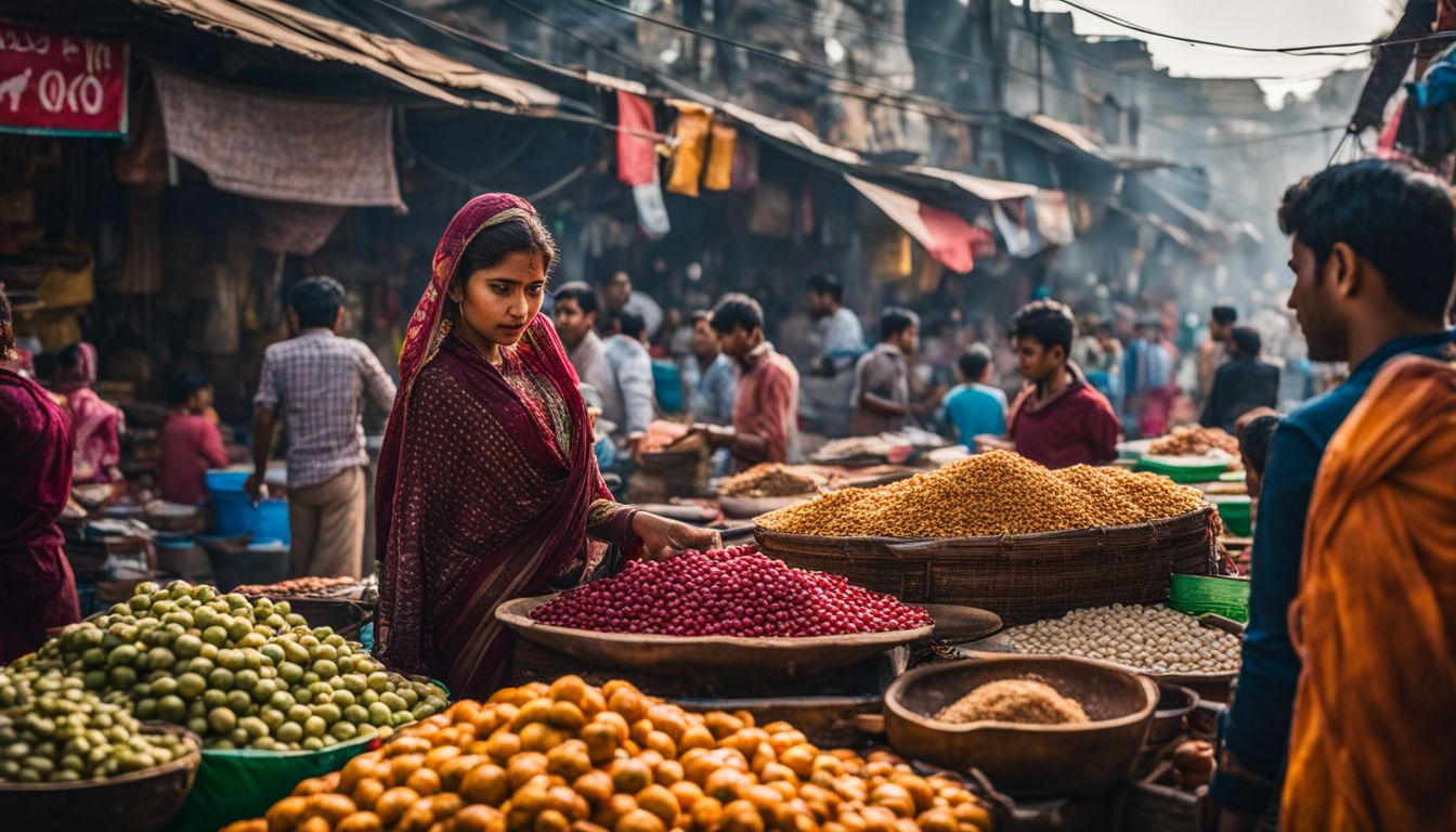 A vibrant street market in Comilla captured with a high-quality camera showcasing diverse faces and outfits.