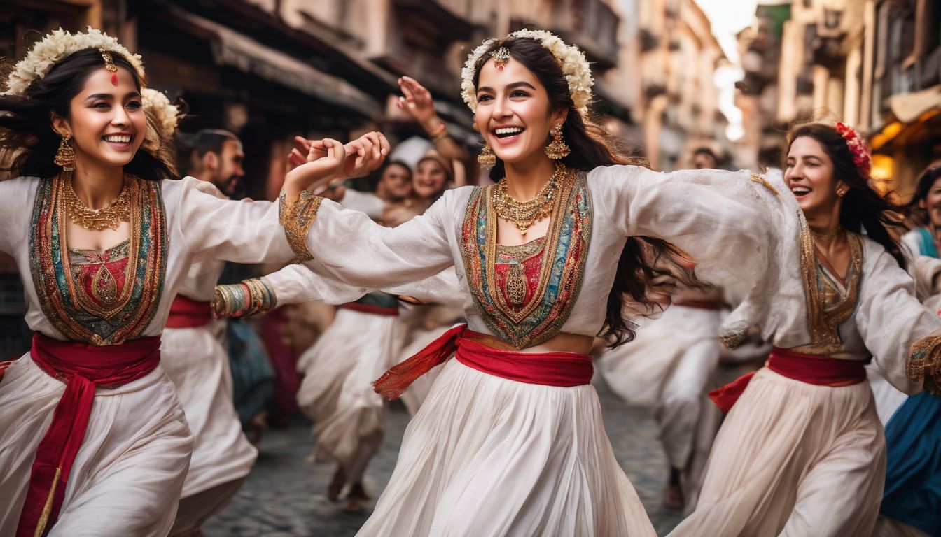 A vibrant photo capturing a group of locals joyfully dancing in traditional attire in a bustling street.