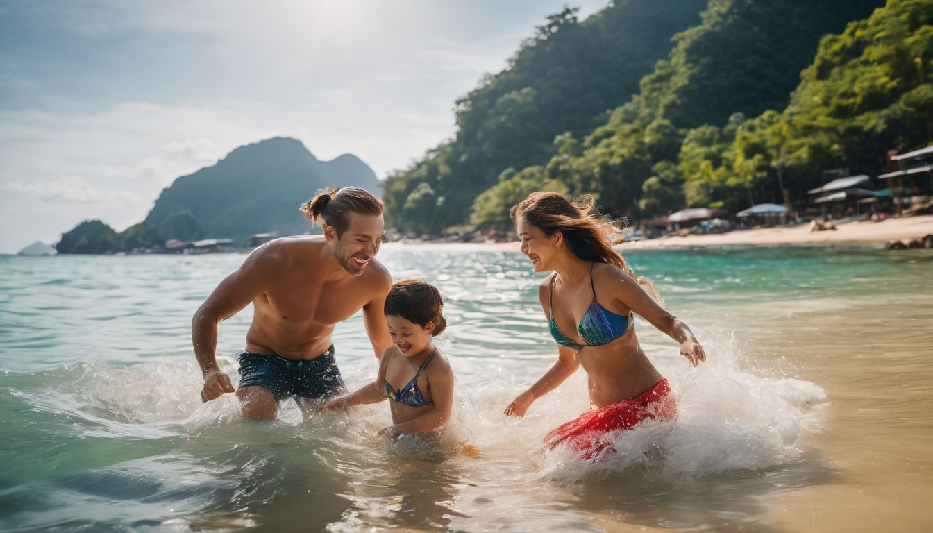 A joyful family enjoying the crystal clear waters of Klong Dao Beach in a bustling atmosphere.