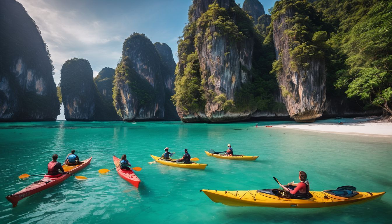 A diverse group of friends kayaking through the turquoise waters of Railay Beach.