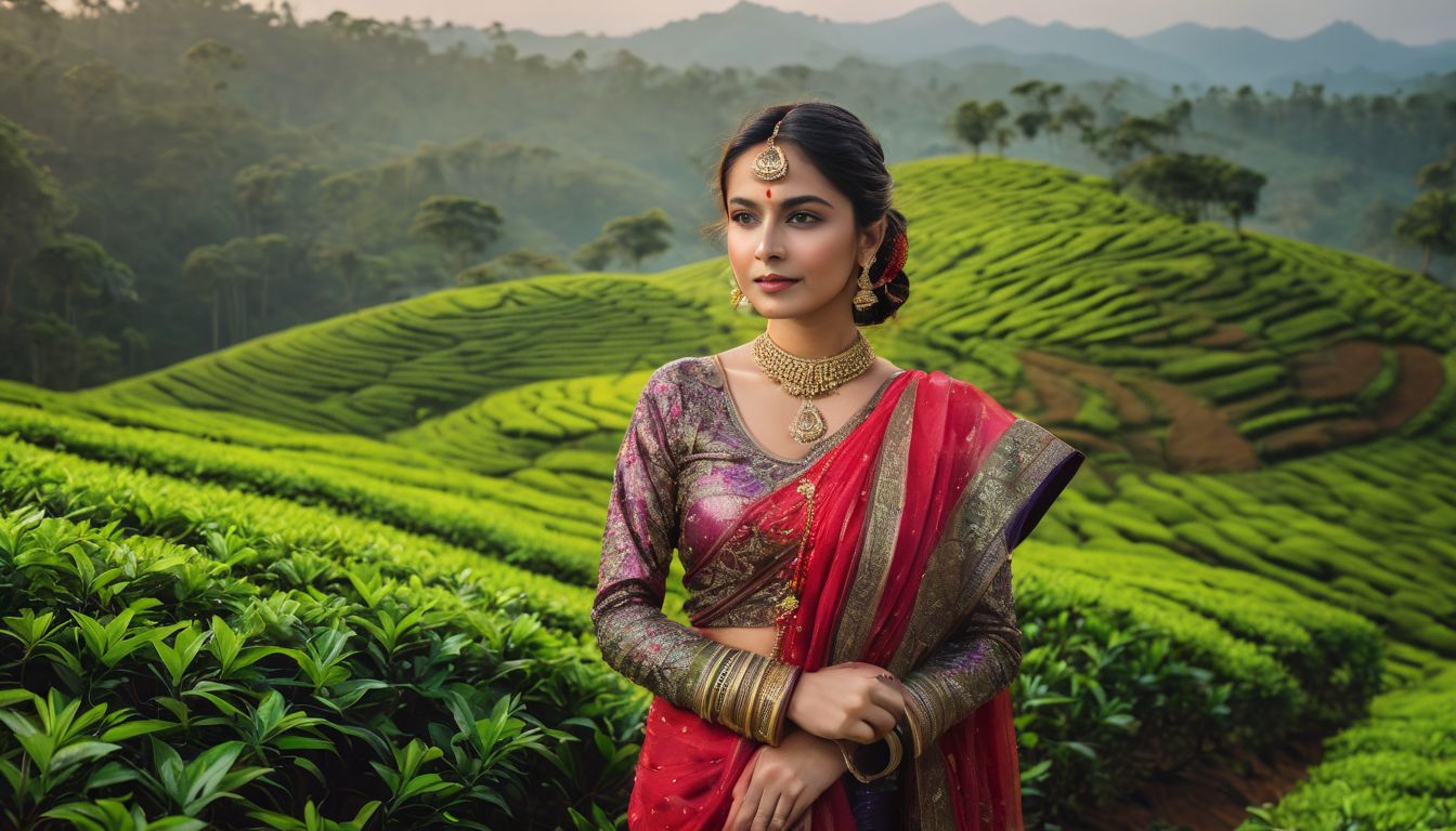 A photo featuring a woman in traditional Bangladeshi attire surrounded by tea leaves in a tea plantation.