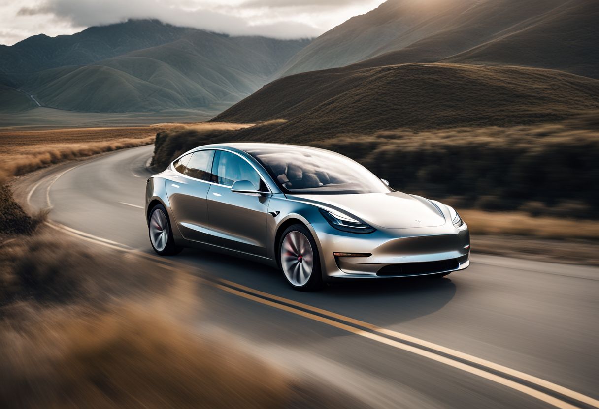 A Tesla Model 3 speeds down an open road with diverse landscapes in the background.