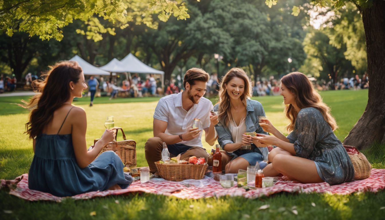 A diverse group of friends enjoy a picnic in a vibrant city park.