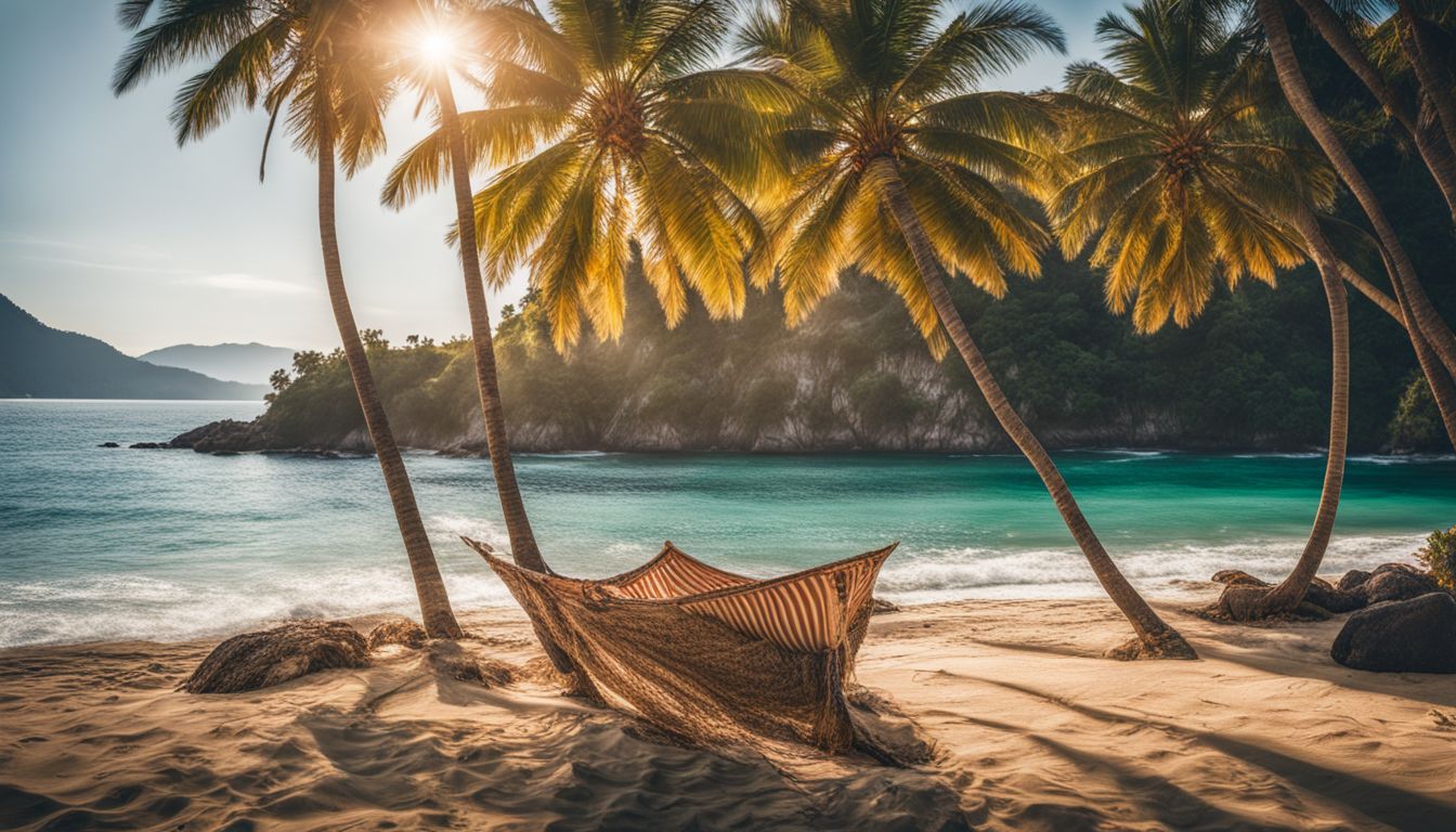 A picturesque beach with palm trees, clear blue water, and a bustling atmosphere captured in a high-quality photograph.