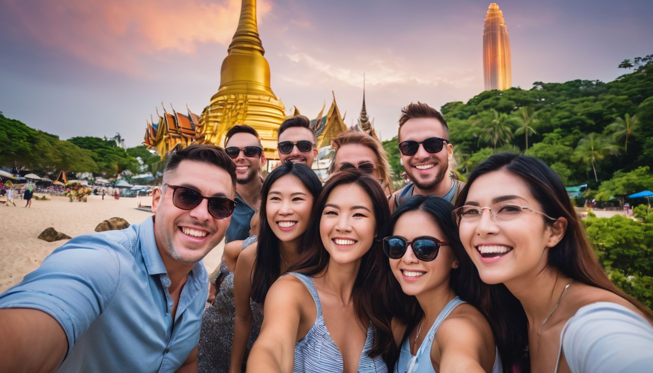 A diverse group of tourists posing for a selfie in front of Pattaya's iconic landmark.