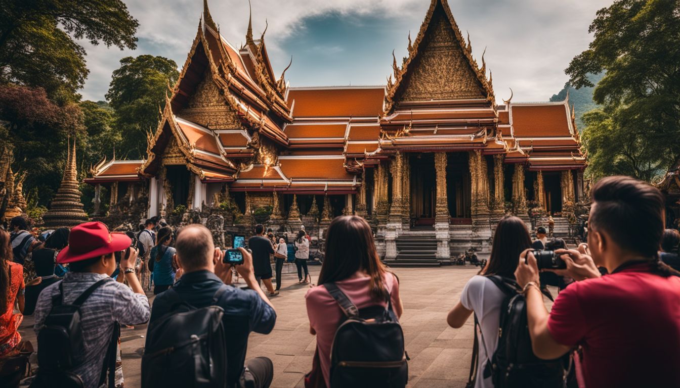 A crowded traditional Thai temple with tourists taking photos in a bustling atmosphere.