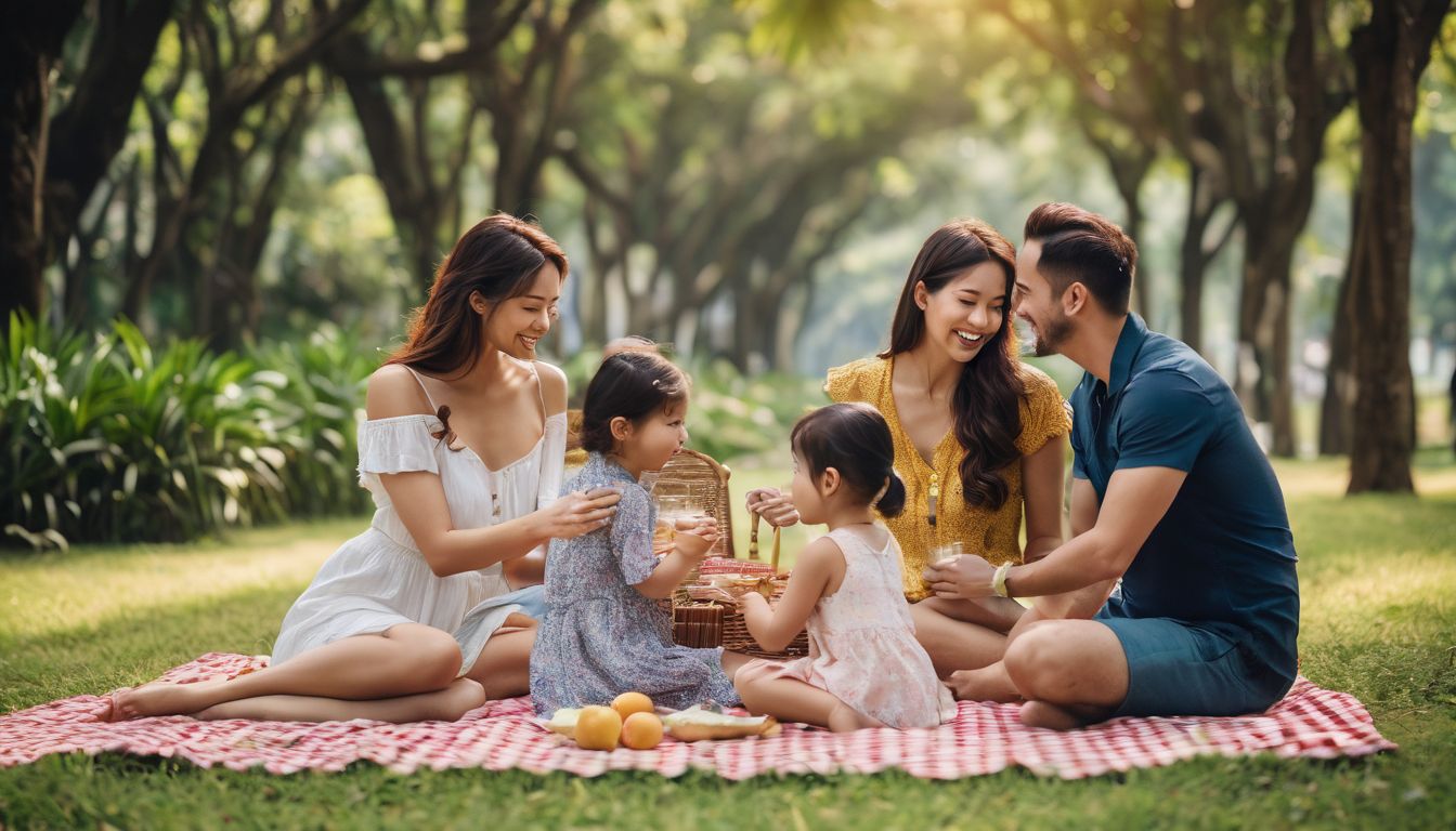 A happy family enjoying a picnic in a lush green park.