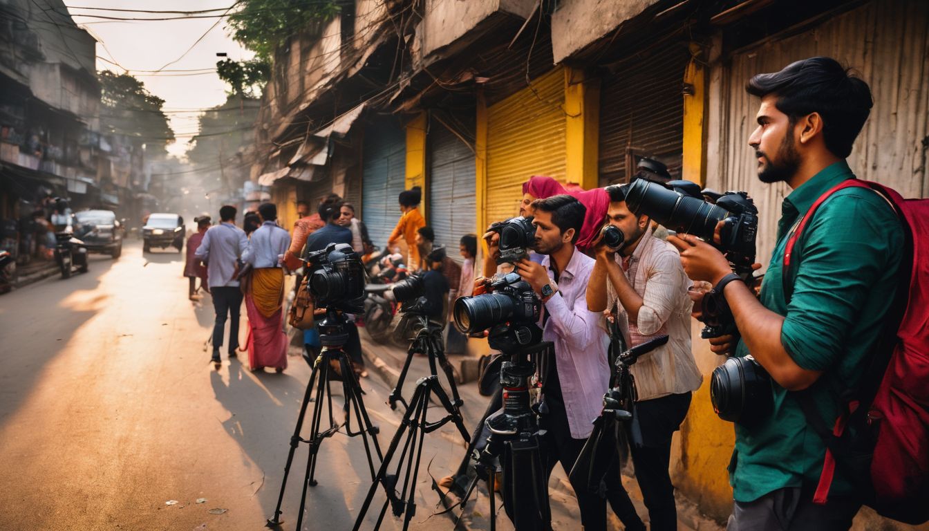 A diverse group of photographers captures the vibrant streets of Dhaka during golden hour.