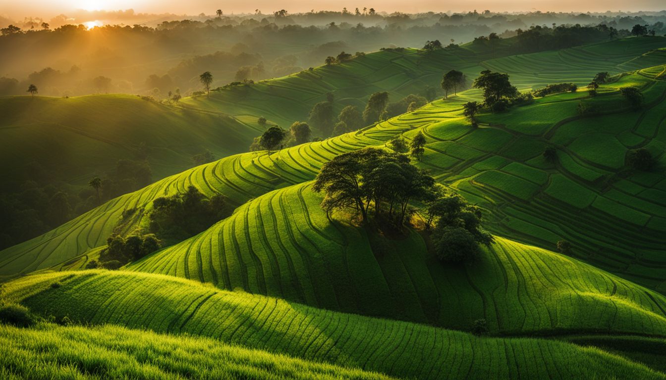 A beautiful photograph capturing a stunning sunset over the lush green landscapes of Bangladesh.
