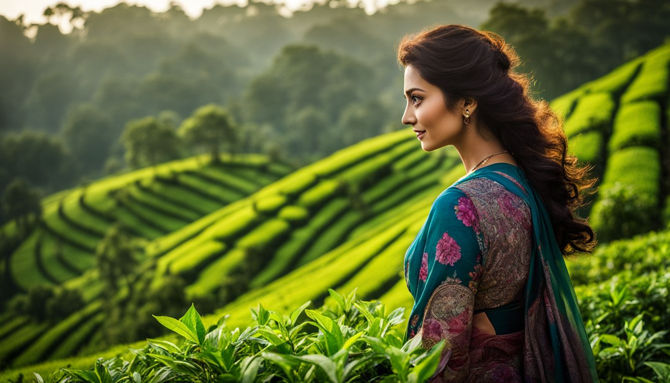 A woman stands in the Sylhet tea gardens, surrounded by lush greenery, in a bustling atmosphere.