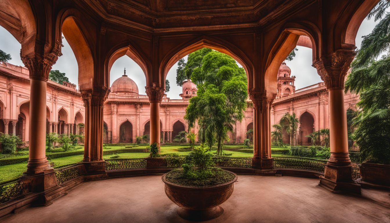 The photo showcases the stunning Lalbagh Fort surrounded by greenery, showcasing its intricate architecture and vibrant atmosphere.